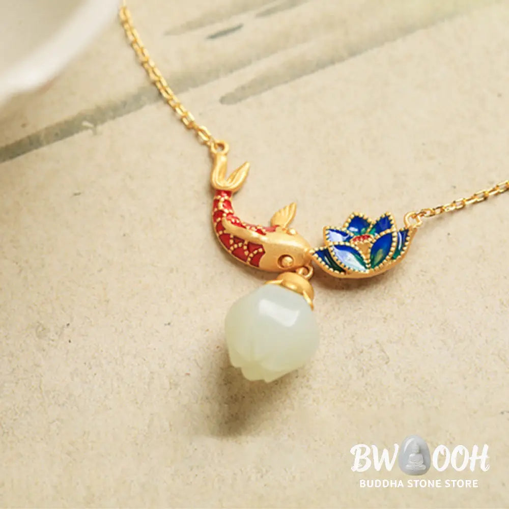Buddha Stones White Jade Koi Fish Lotus Copper Protection Necklace Pendant - BWOOOH - White Jade(Protection ♥
