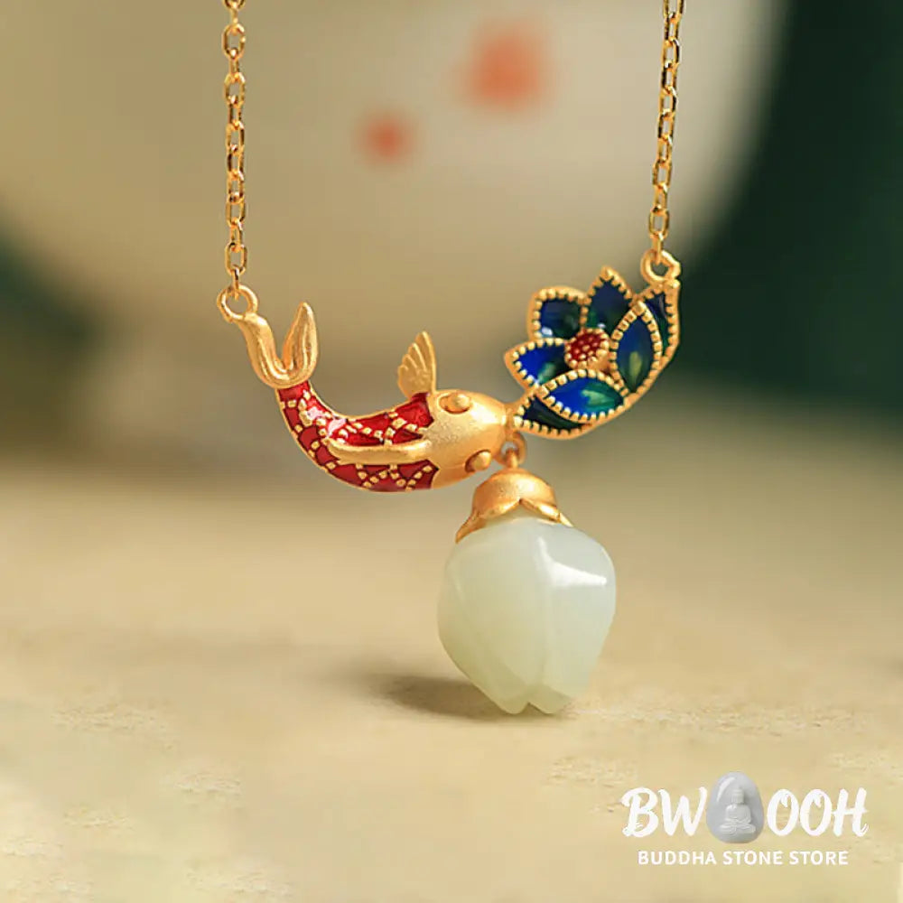 Buddha Stones White Jade Koi Fish Lotus Copper Protection Necklace Pendant - BWOOOH - White Jade(Protection ♥