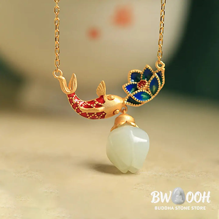 Buddha Stones White Jade Koi Fish Lotus Copper Protection Necklace Pendant - BWOOOH - White Jade(Protection ♥