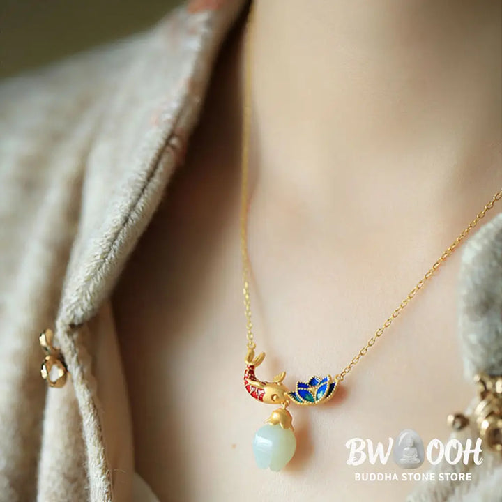 Buddha Stones White Jade Koi Fish Lotus Copper Protection Necklace Pendant - BWOOOH - White Jade(Protection ♥