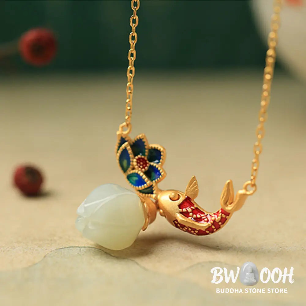 Buddha Stones White Jade Koi Fish Lotus Copper Protection Necklace Pendant - BWOOOH - White Jade(Protection ♥