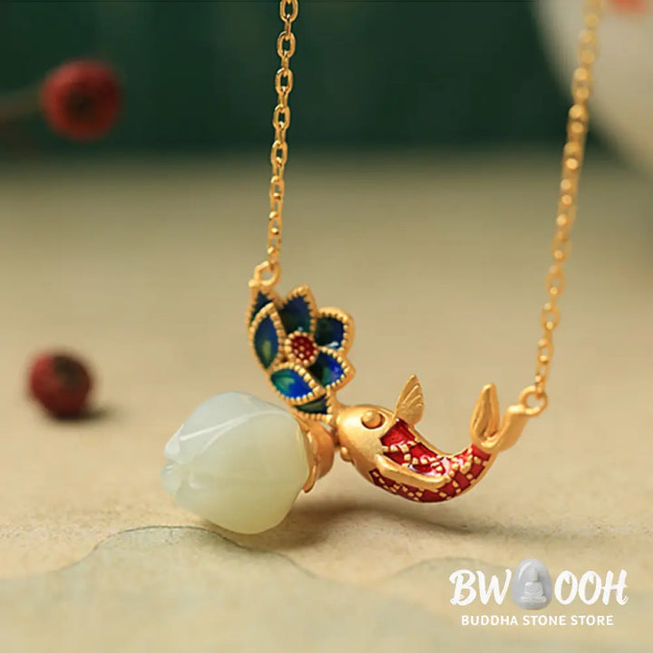 Buddha Stones White Jade Koi Fish Lotus Copper Protection Necklace Pendant - BWOOOH - White Jade(Protection ♥