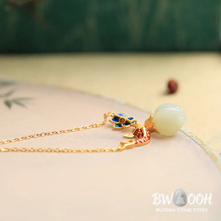 Buddha Stones White Jade Koi Fish Lotus Copper Protection Necklace Pendant - BWOOOH - White Jade(Protection ♥