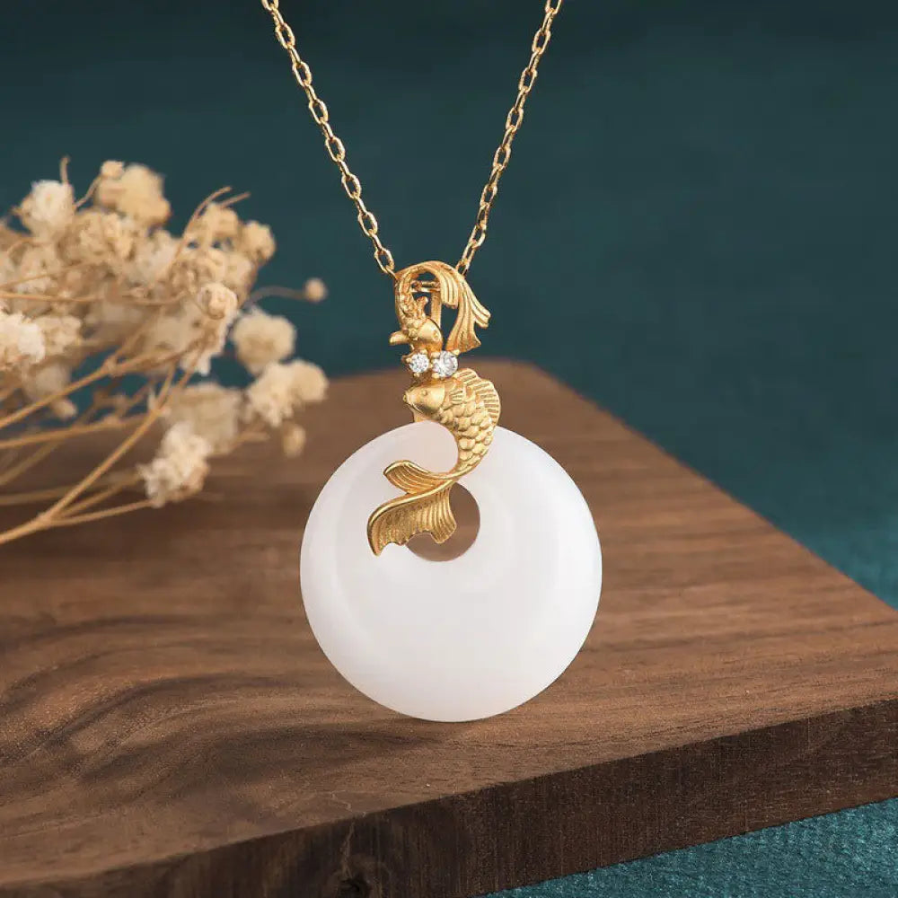 BWOOOH white jade koi fish wealth and prosperity necklace pendant 45cm feng shui jewelry