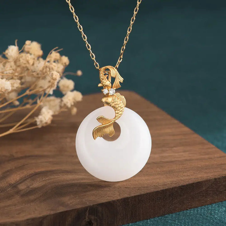 BWOOOH white jade koi fish wealth and prosperity necklace pendant 45cm feng shui jewelry