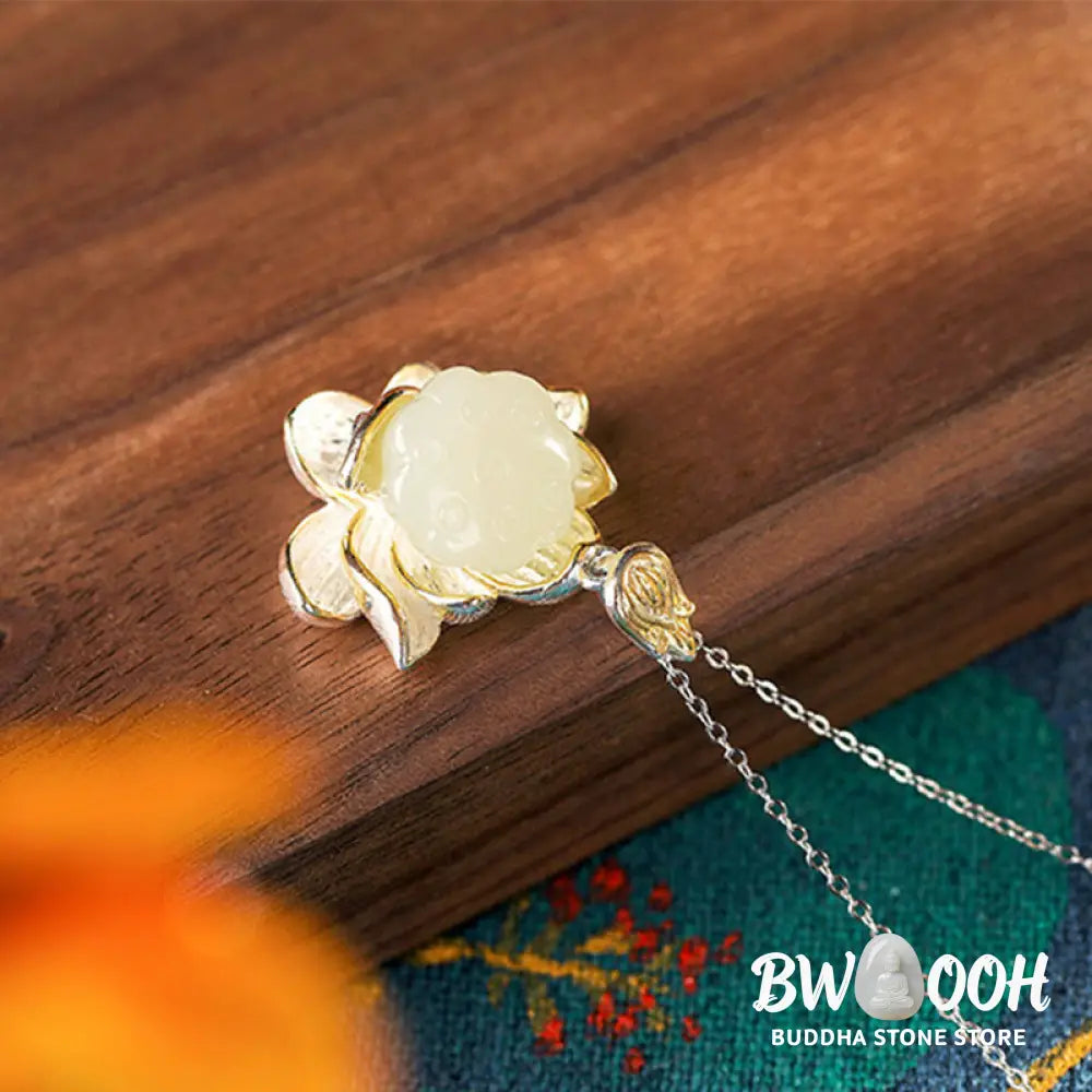 Buddha Stones White Jade Lotus Flower Happiness Necklace - BWOOOH - White Jade - Necklaces &amp; Pendants
