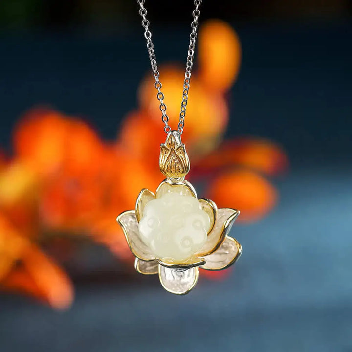 BWOOOH White Jade Lotus Flower Happiness Necklace — natural white jade lotus carved pendant on 45cm chain