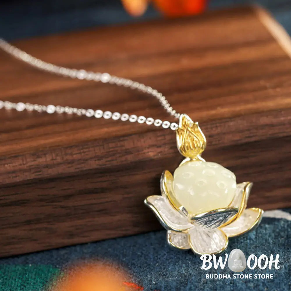 Buddha Stones White Jade Lotus Flower Happiness Necklace - BWOOOH - White Jade - Necklaces &amp; Pendants