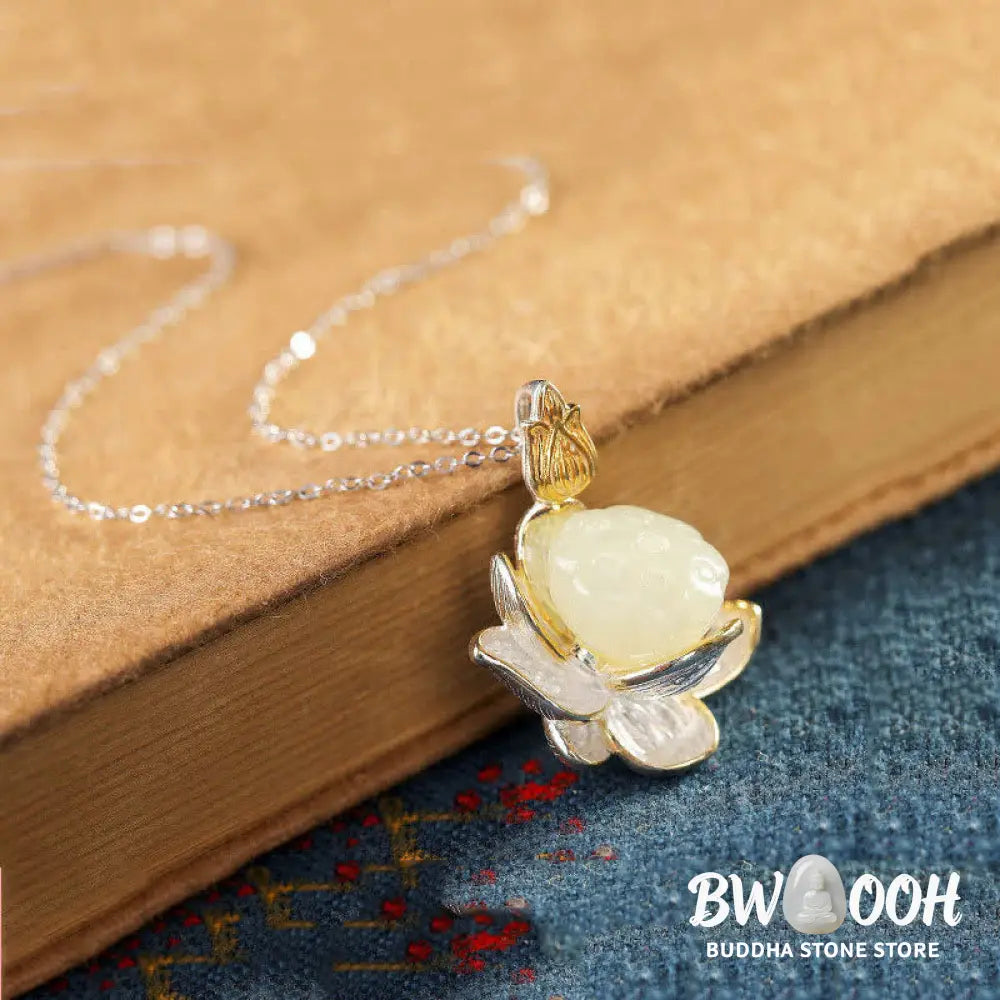 Buddha Stones White Jade Lotus Flower Happiness Necklace - BWOOOH - White Jade - Necklaces &amp; Pendants