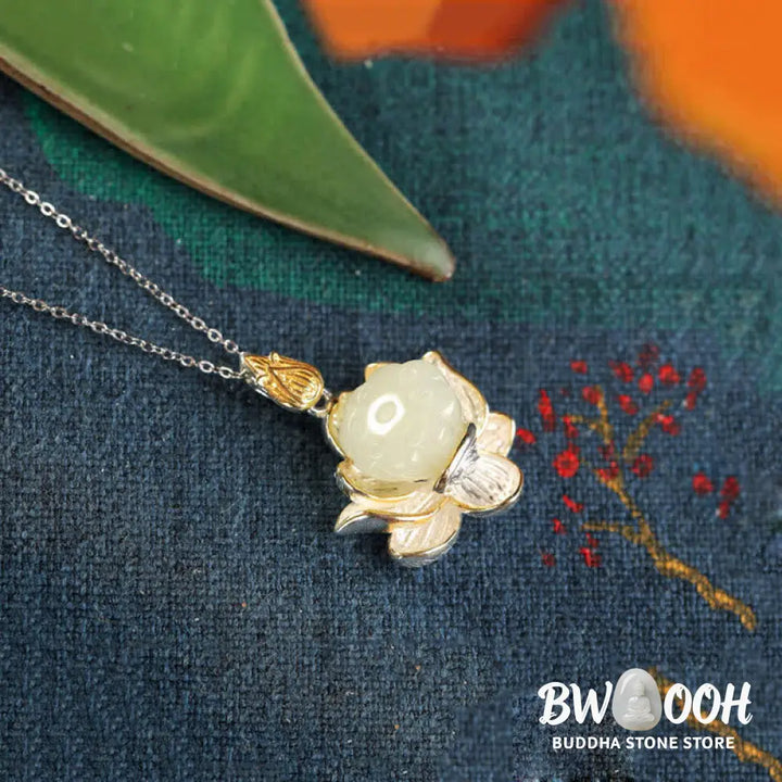 Buddha Stones White Jade Lotus Flower Happiness Necklace - BWOOOH - White Jade - Necklaces &amp; Pendants