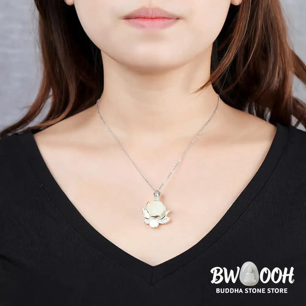 Buddha Stones White Jade Lotus Flower Happiness Necklace - BWOOOH - White Jade - Necklaces &amp; Pendants