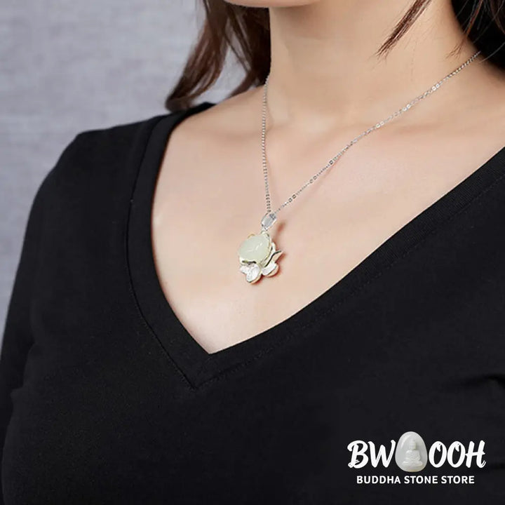 Buddha Stones White Jade Lotus Flower Happiness Necklace - BWOOOH - White Jade - Necklaces &amp; Pendants