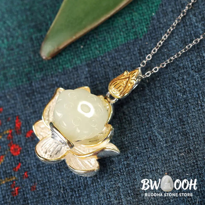 Buddha Stones White Jade Lotus Flower Happiness Necklace - BWOOOH - White Jade - Necklaces &amp; Pendants