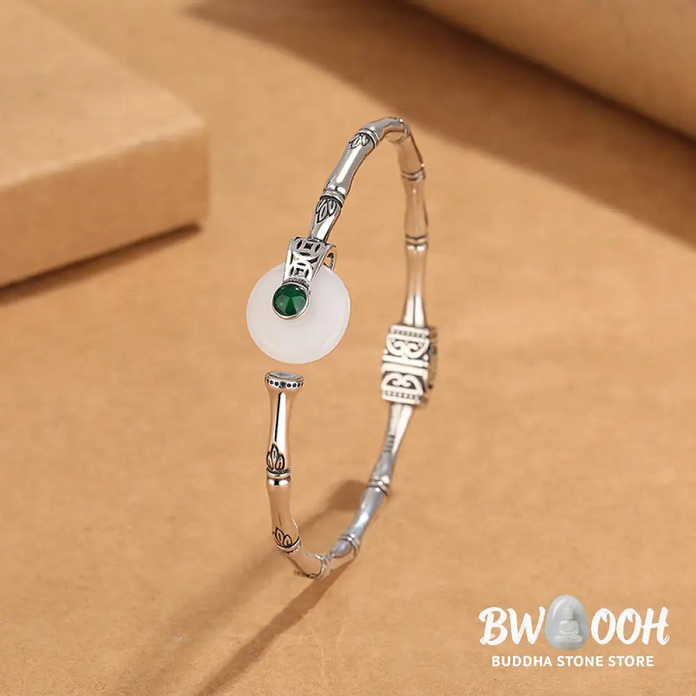 Buddha Stones White Jade Peace Buckle Bamboo Design Luck Copper Cuff Bracelet Bangle - BWOOOH - White