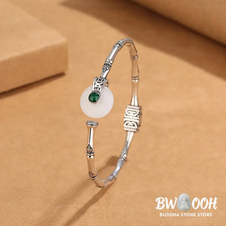 Buddha Stones White Jade Peace Buckle Bamboo Design Luck Copper Cuff Bracelet Bangle - BWOOOH - White