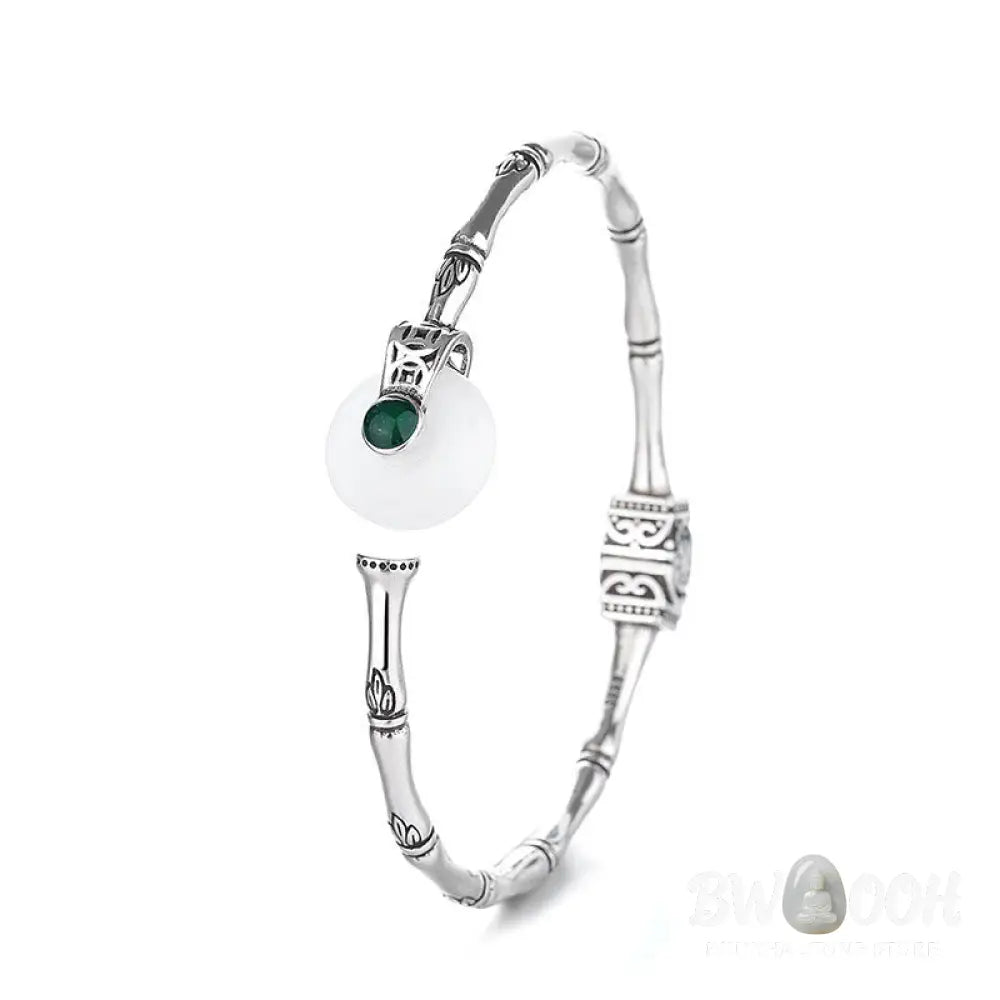 Buddha Stones White Jade Peace Buckle Bamboo Design Luck Copper Cuff Bracelet Bangle - BWOOOH - White