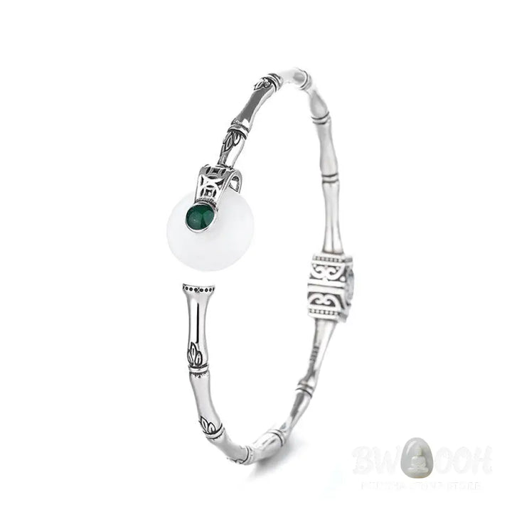 Buddha Stones White Jade Peace Buckle Bamboo Design Luck Copper Cuff Bracelet Bangle - BWOOOH - White