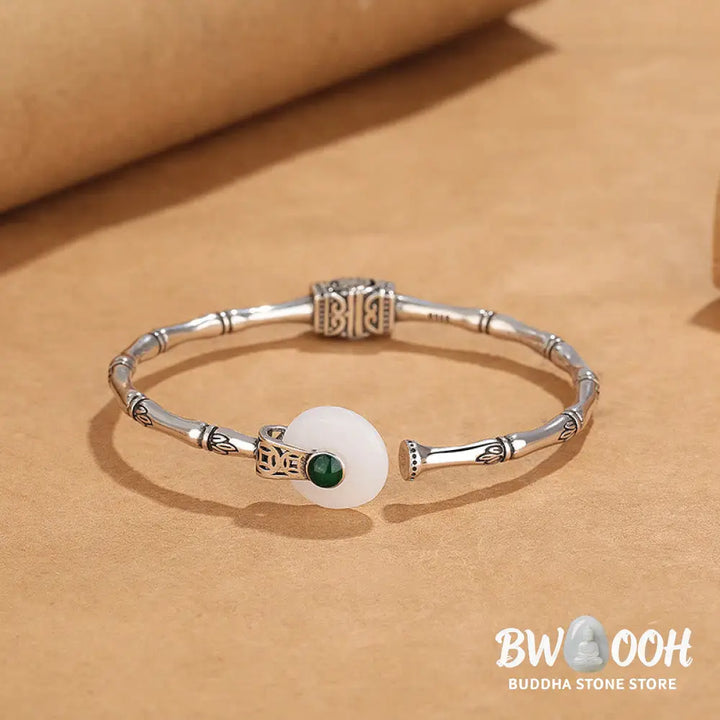 Buddha Stones White Jade Peace Buckle Bamboo Design Luck Copper Cuff Bracelet Bangle - BWOOOH - White