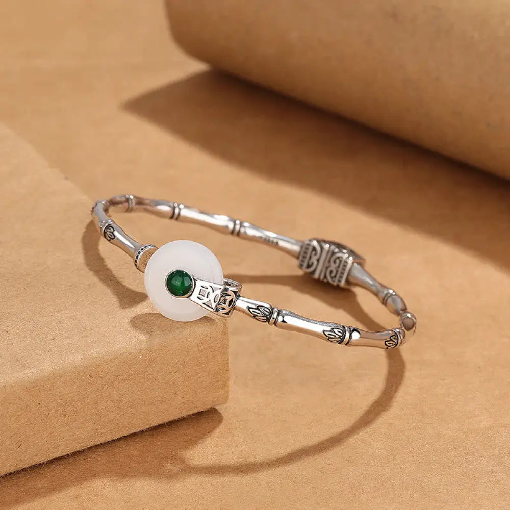 BWOOOH White Jade Peace Buckle Bamboo Design Luck Copper Cuff Bracelet Bangle - BWOOOH - White