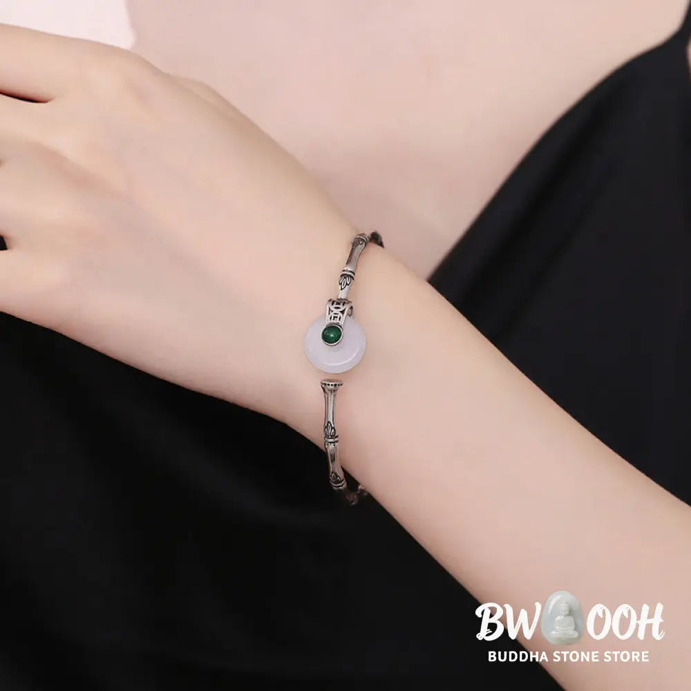 Buddha Stones White Jade Peace Buckle Bamboo Design Luck Copper Cuff Bracelet Bangle - BWOOOH - White