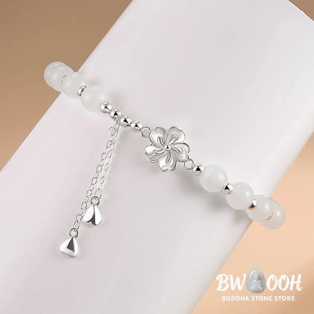 Buddha Stones White Jade Peach Blossom Petals Flower Luck Bracelet - BWOOOH - White Jade(Protection♥Happiness)(Wrist