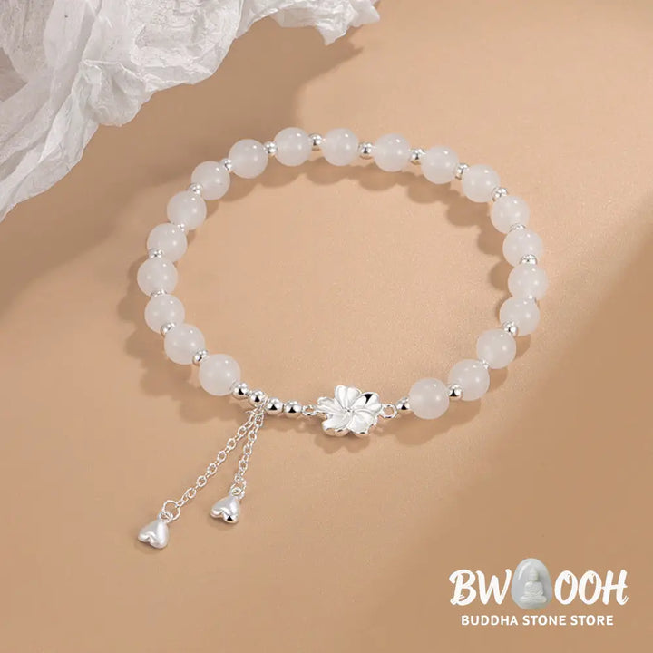 Buddha Stones White Jade Peach Blossom Petals Flower Luck Bracelet - BWOOOH - White Jade(Protection♥Happiness)(Wrist