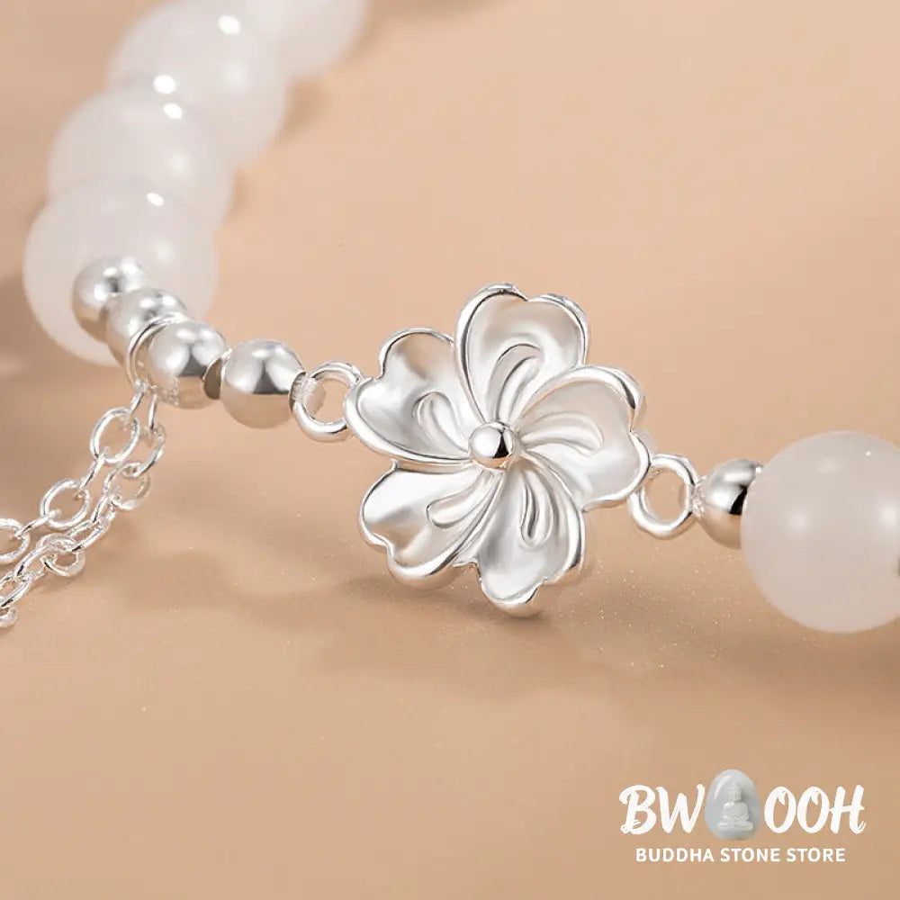 Buddha Stones White Jade Peach Blossom Petals Flower Luck Bracelet - BWOOOH - White Jade(Protection♥Happiness)(Wrist
