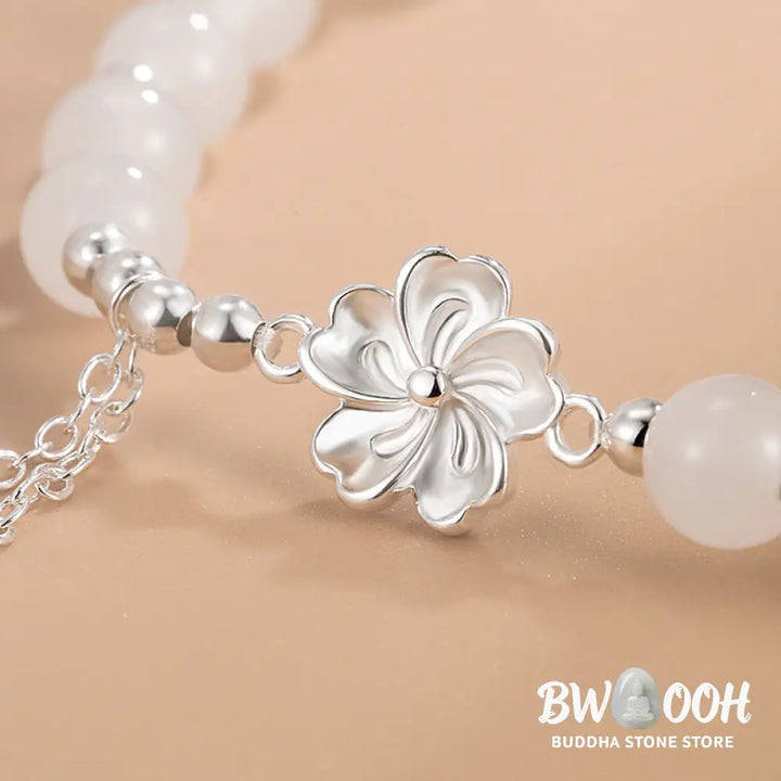 Buddha Stones White Jade Peach Blossom Petals Flower Luck Bracelet - BWOOOH - White Jade(Protection♥Happiness)(Wrist