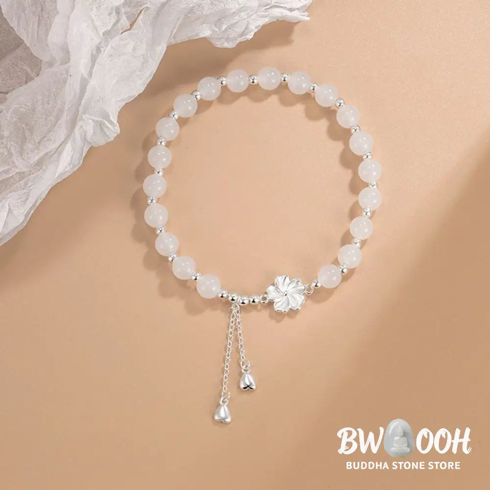 Buddha Stones White Jade Peach Blossom Petals Flower Luck Bracelet - BWOOOH - White Jade(Protection♥Happiness)(Wrist
