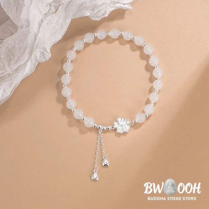 Buddha Stones White Jade Peach Blossom Petals Flower Luck Bracelet - BWOOOH - White Jade(Protection♥Happiness)(Wrist