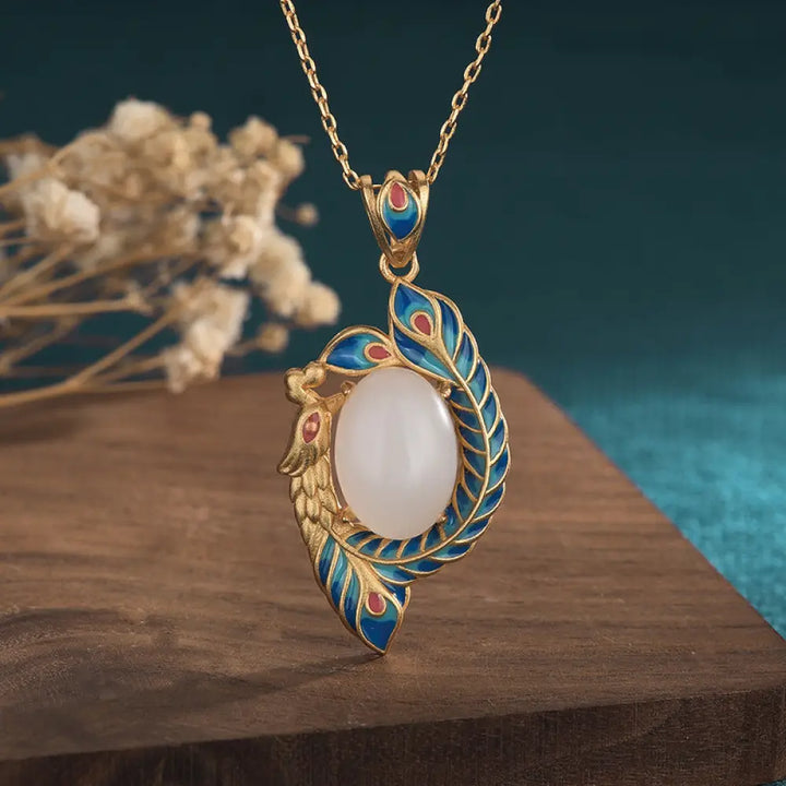 BWOOOH white jade peacock copper blessing necklace pendant