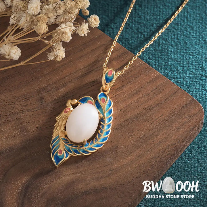 Buddha Stones White Jade Peacock Copper Blessing Necklace Pendant - BWOOOH - White Jade (Protection ♥ Happiness)