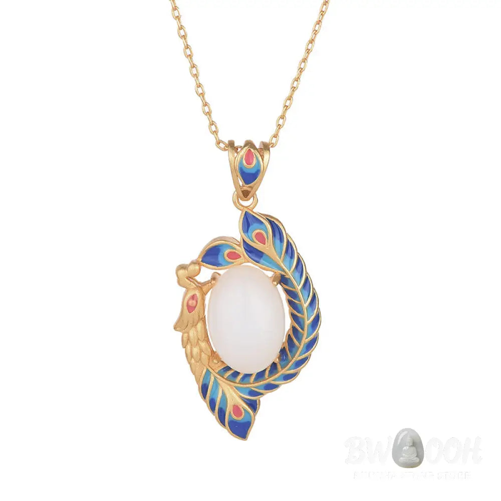 Buddha Stones White Jade Peacock Copper Blessing Necklace Pendant - BWOOOH - White Jade (Protection ♥ Happiness)