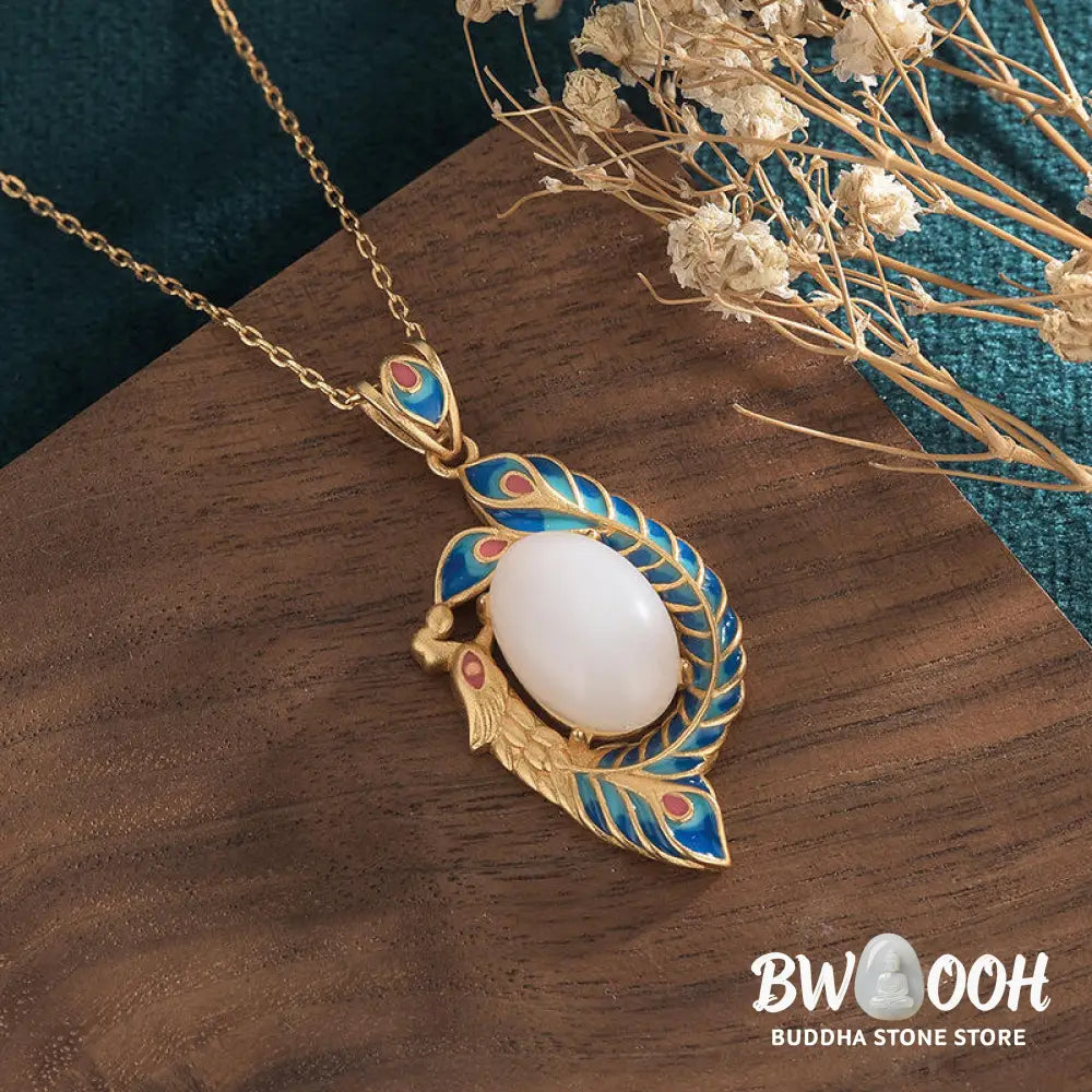 Buddha Stones White Jade Peacock Copper Blessing Necklace Pendant - BWOOOH - White Jade (Protection ♥ Happiness)