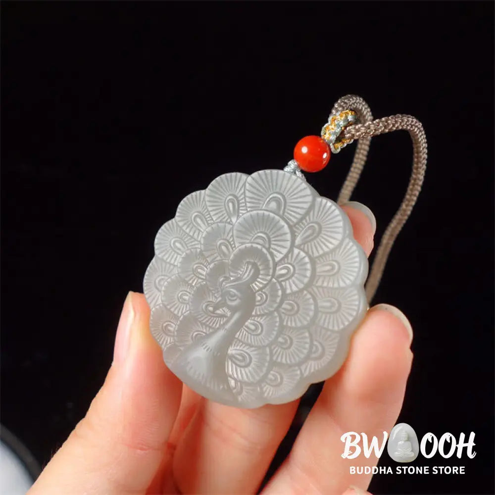 Buddha Stones White Jade Peacock Protection Blessing Necklace Pendant - BWOOOH - White Jade (Protection ♥ Happiness)