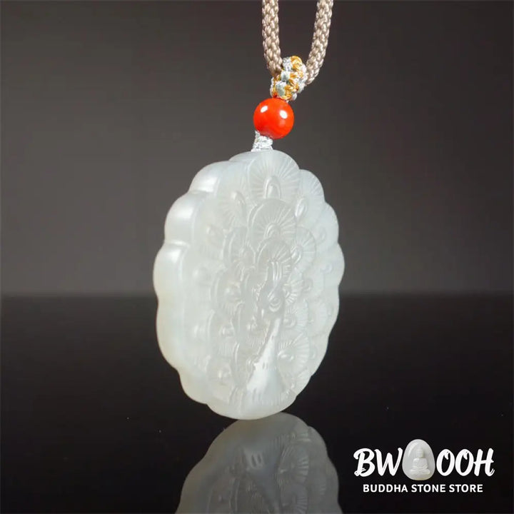 Buddha Stones White Jade Peacock Protection Blessing Necklace Pendant - BWOOOH - White Jade (Protection ♥ Happiness)