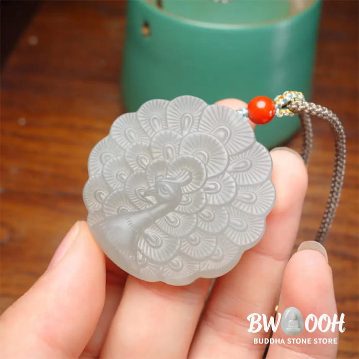 Buddha Stones White Jade Peacock Protection Blessing Necklace Pendant - BWOOOH - White Jade (Protection ♥ Happiness)