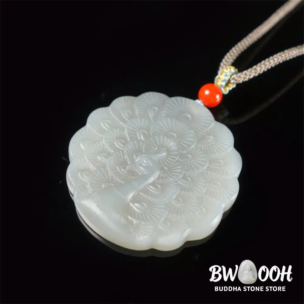 Buddha Stones White Jade Peacock Protection Blessing Necklace Pendant - BWOOOH - White Jade (Protection ♥ Happiness)