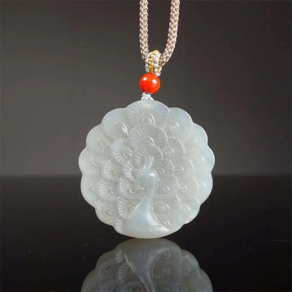 Buddha Stones White Jade Peacock Protection Blessing Necklace Pendant - BWOOOH - White Jade (Protection ♥ Happiness)