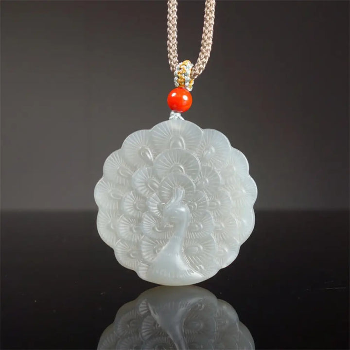 Buddha Stones White Jade Peacock Protection Blessing Necklace Pendant - BWOOOH - White Jade (Protection ♥ Happiness)