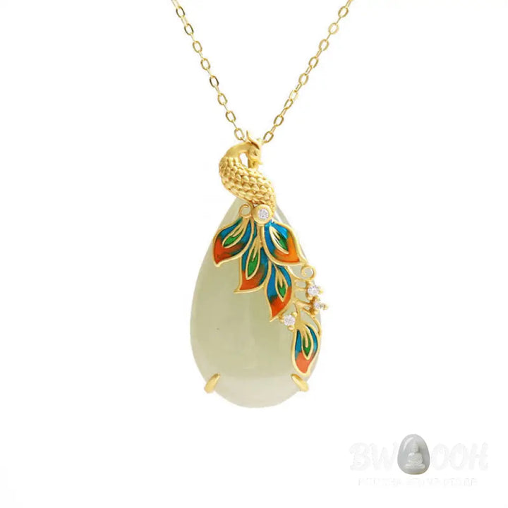 Buddha Stones White Jade Peacock Protection Necklace Chain Pendant - BWOOOH - White Jade (Protection ♥ Happiness)