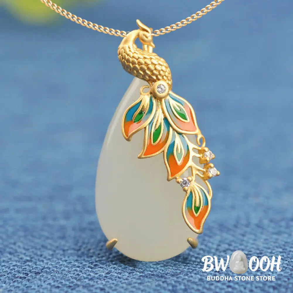 Buddha Stones White Jade Peacock Protection Necklace Chain Pendant - BWOOOH - White Jade (Protection ♥ Happiness)