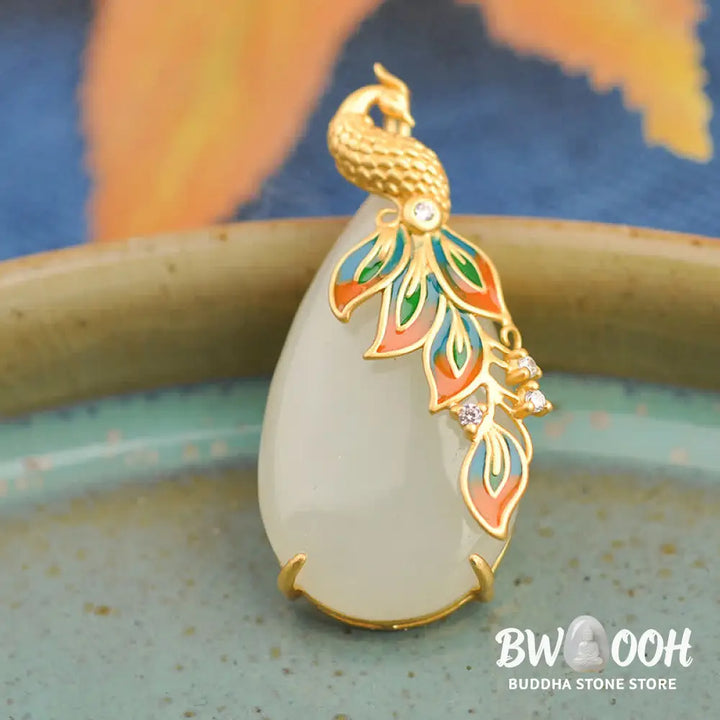 Buddha Stones White Jade Peacock Protection Necklace Chain Pendant - BWOOOH - White Jade (Protection ♥ Happiness)