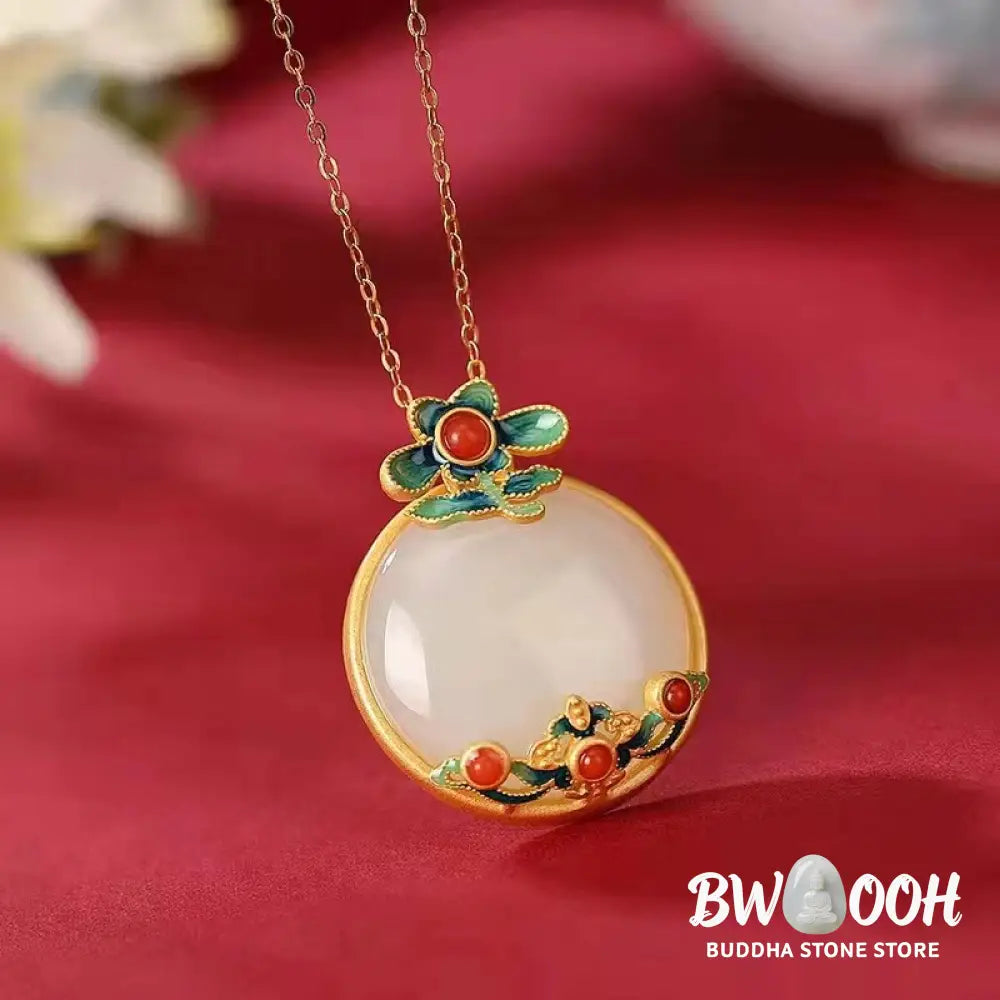 Buddha Stones White Jade Red Agate Flower Blessing Luck Necklace Pendant - BWOOOH - White Jade(Protection♥Happiness)