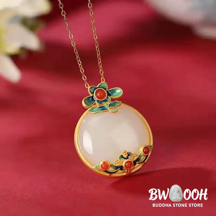 Buddha Stones White Jade Red Agate Flower Blessing Luck Necklace Pendant - BWOOOH - White Jade(Protection♥Happiness)