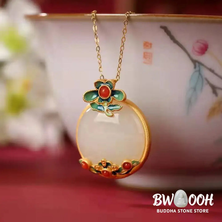 Buddha Stones White Jade Red Agate Flower Blessing Luck Necklace Pendant - BWOOOH - White Jade(Protection♥Happiness)