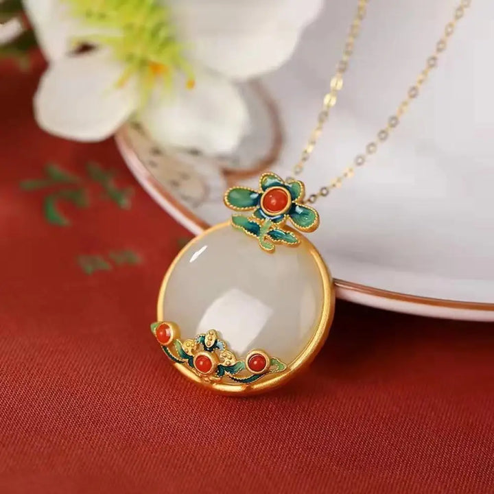 Buddha Stones White Jade Red Agate Flower Blessing Luck Necklace Pendant - BWOOOH - White Jade(Protection♥Happiness)