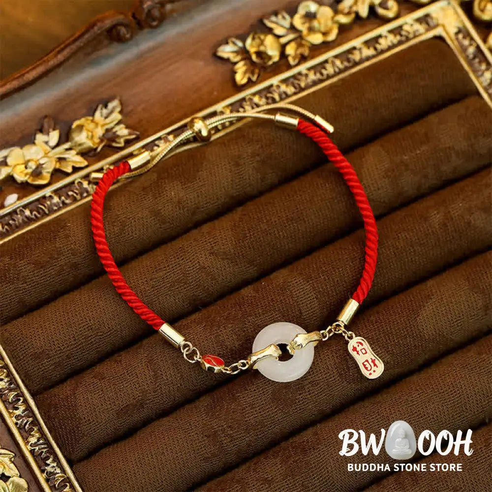 Buddha Stones White Jade Red String Fu Character Braided Blessing Bracelet - White Jade - Bracelet