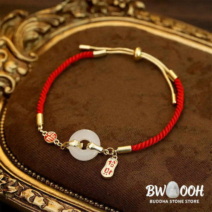 Buddha Stones White Jade Red String Fu Character Braided Blessing Bracelet - White Jade - Bracelet