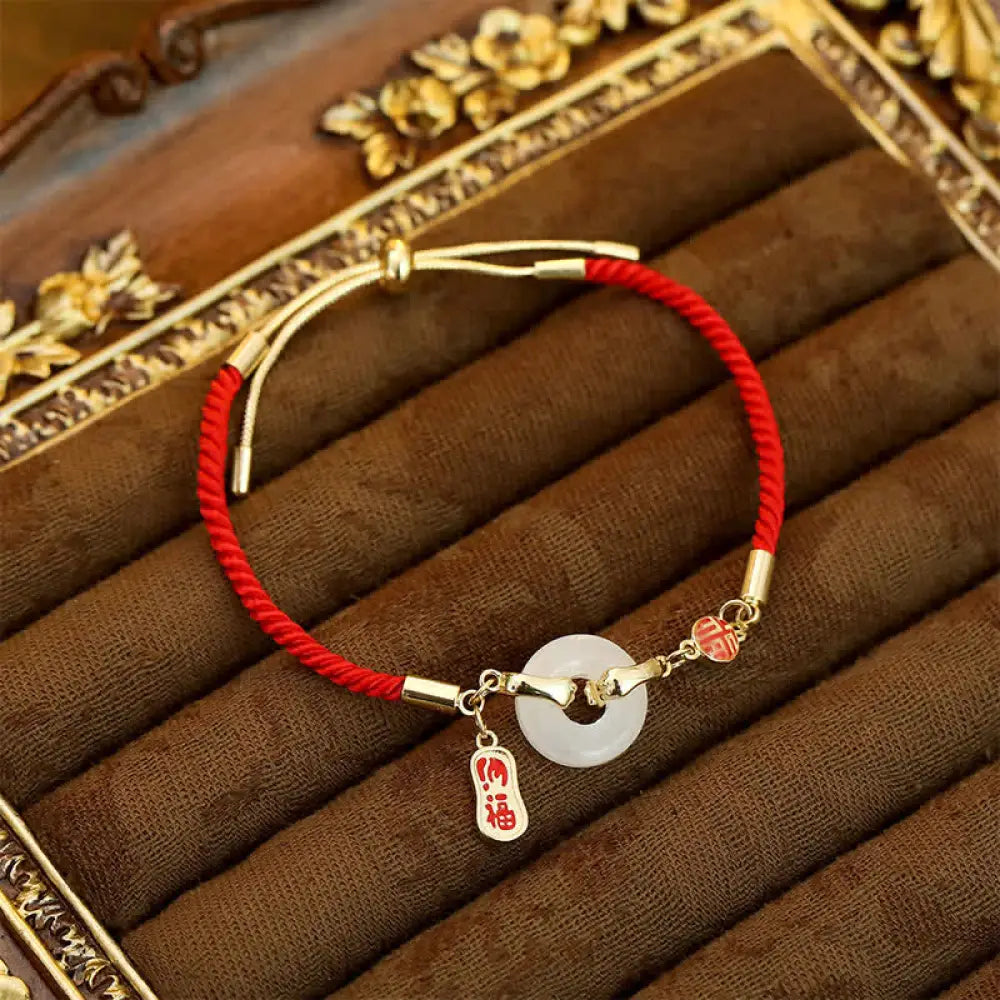 Buddha Stones White Jade Red String Fu Character Braided Blessing Bracelet - White Jade - Bracelet